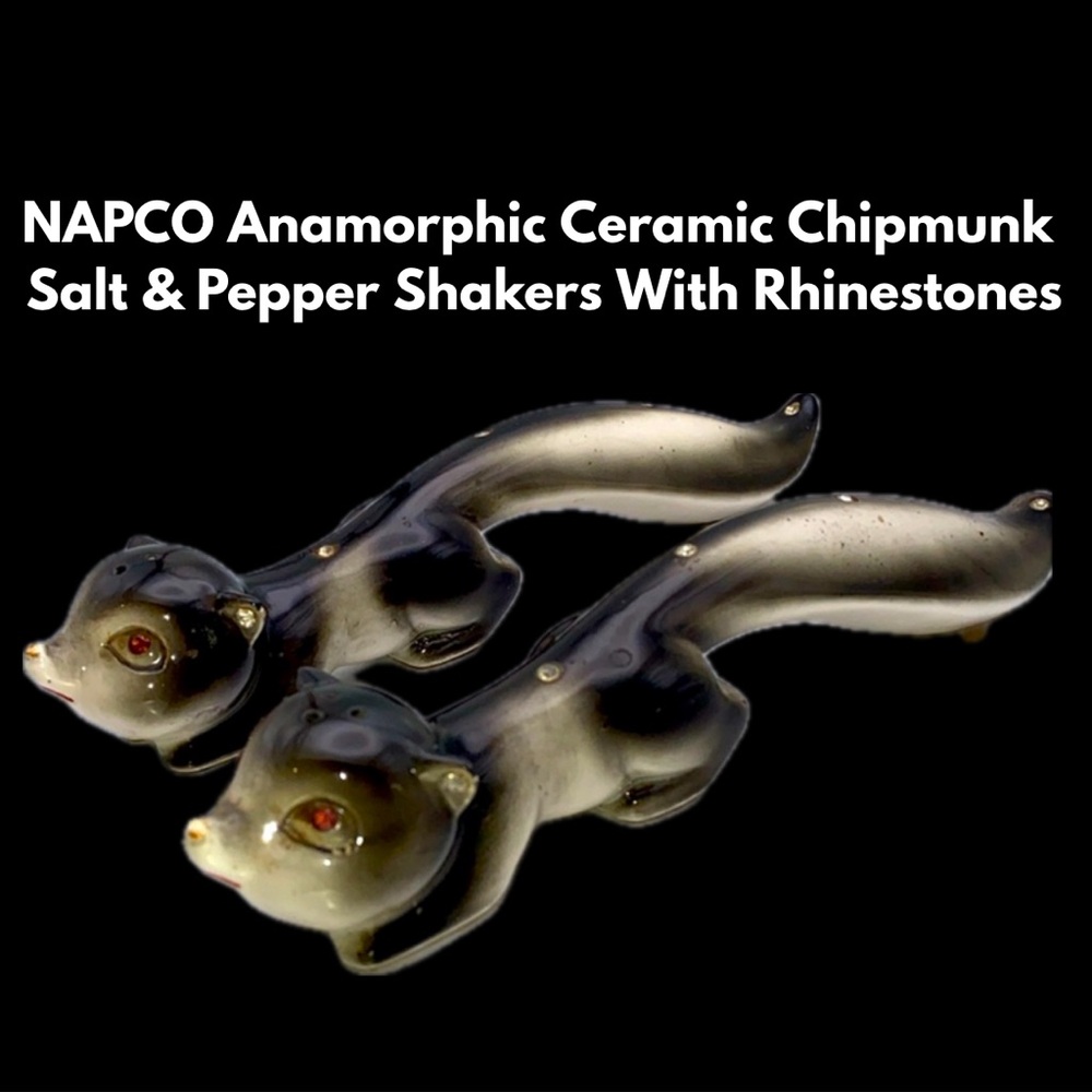 NAPCO Anamorphic Ceramic Chipmunk Salt & Pepper Shakers With Rhinestones